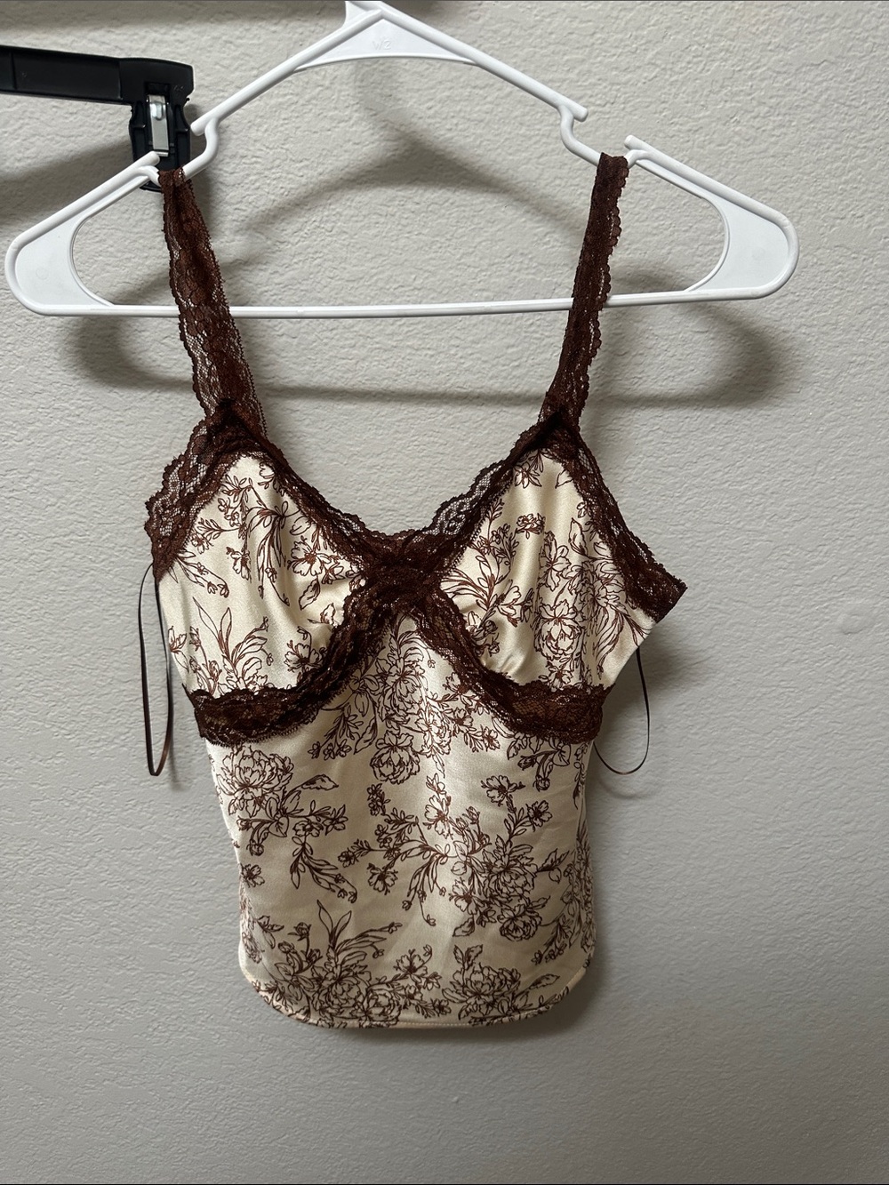 Cream and Brown Floral Lace Trim Tank Top
